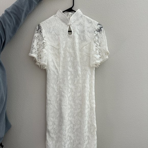 White Midi Qipao with Pearl Details - Picture 1 of 5